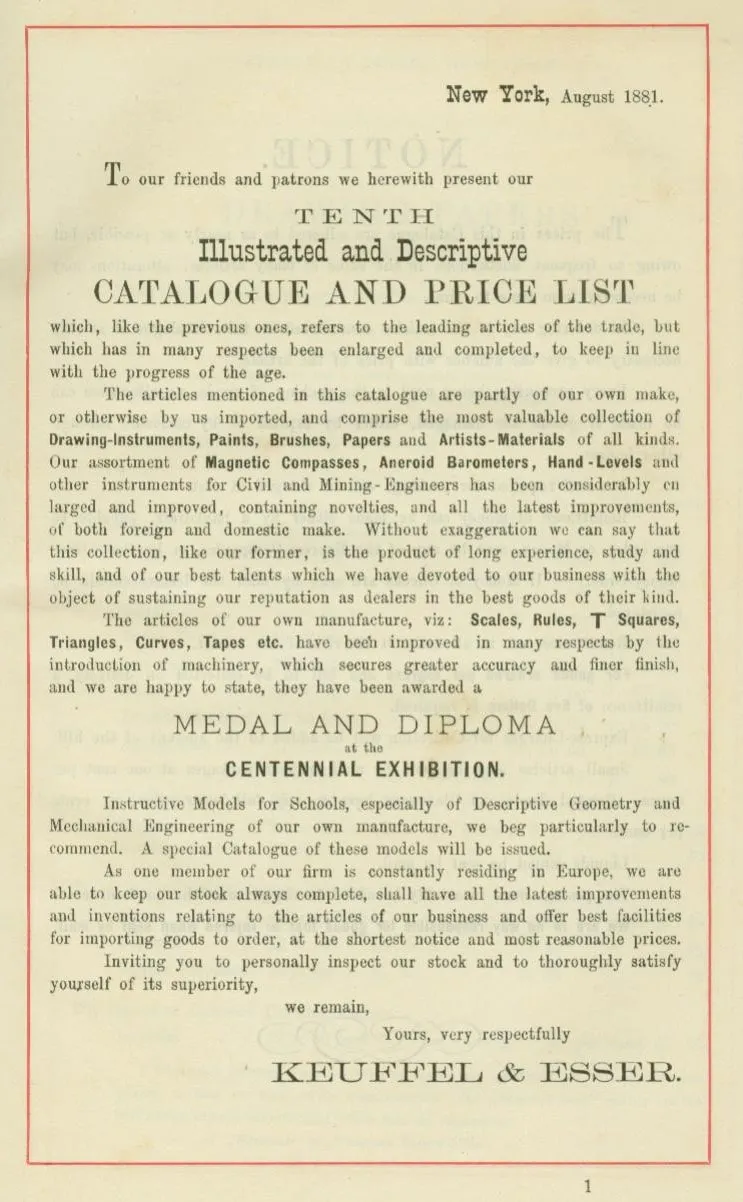 The introduction page of K&E's 1881 product catalog