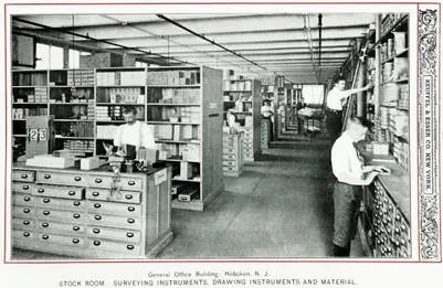 A photograph of K&E's stock room from around 1909, printed on glossy stock inside a period catalog