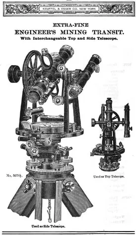 A finely detailed catalog illustration of K&E's Engineer's Mining Transit