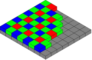A Bayer color filter array — a grid of red, green, and blue filter squares laid diagonally over an image sensor's pixels
