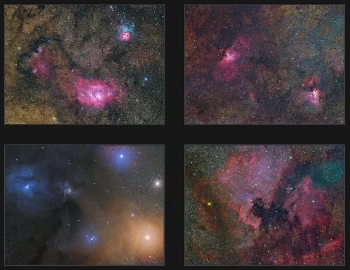 Four astrophoto samples taken with a Nikon D810a through a Takahashi FSQ-85ED refractor, showing balanced natural color from an unguided dark-sky session