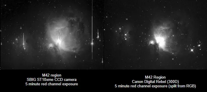 A side-by-side comparison of only the red channel data from the same M42 exposures — the astro CCD version on the left shows strong red hydrogen detail, while the DSLR version on the right shows much fainter red signal