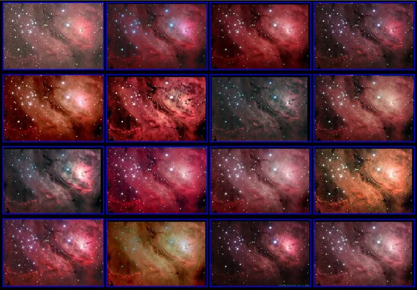 A 4x4 grid of sixteen different processed versions of the same M8 (Lagoon Nebula) data set, each rendered in a noticeably different color balance and stretch by a different astrophotographer