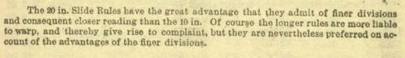 A clipping from the 1895 K&E catalog describing the advantages and drawbacks of the 20-inch slide rules