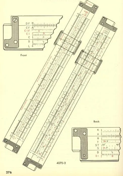 A detailed catalog drawing of the Model 4070-3 Polyphase Duplex slide rule