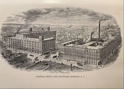 An early engraving of K&E's General Office and Factories in Hoboken, NJ