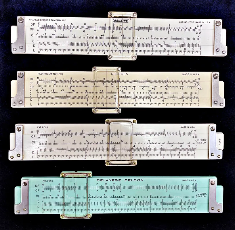 Four nearly identical pocket duplex rules: the Bruning No. 2398, the Dietzgen No. 1776 Redirule, the K&E Doric 4168 Polyphase Duplex, and the K&E Celanese Celcon variant