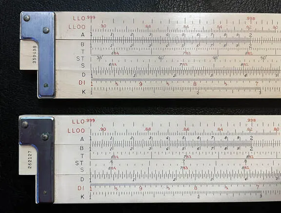 Two K&E duplex rules, a 4080-5 Trig and a 4081-5 Deci-Trig, shown together