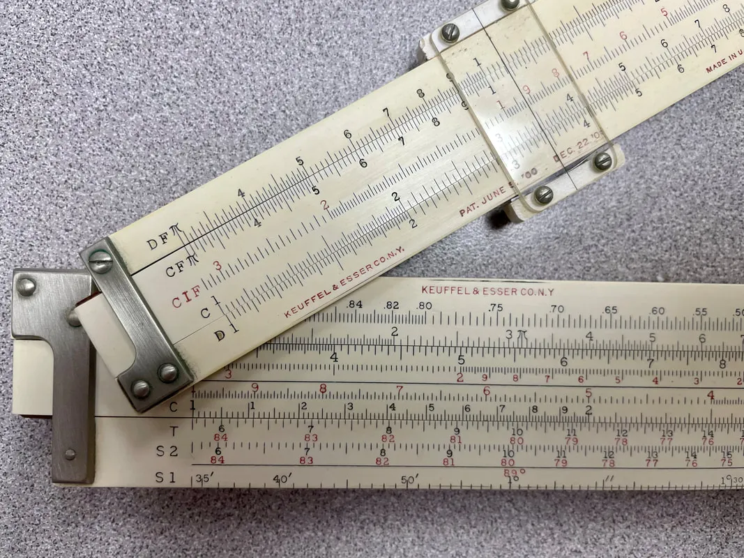 Celluloid edge delamination on a K&E 4090-3 duplex rule, shown alongside a 4088-1 for comparison