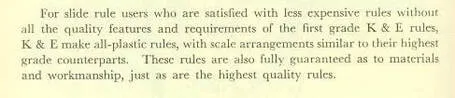 A clipping from the 1952 K&E catalog preface describing their all-plastic rules