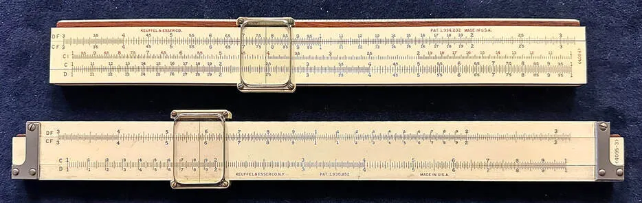 The Model 4094 Merchant's Mannheim slide rule (top) alongside the front of the Model 4095-3 Merchant's Duplex (bottom)