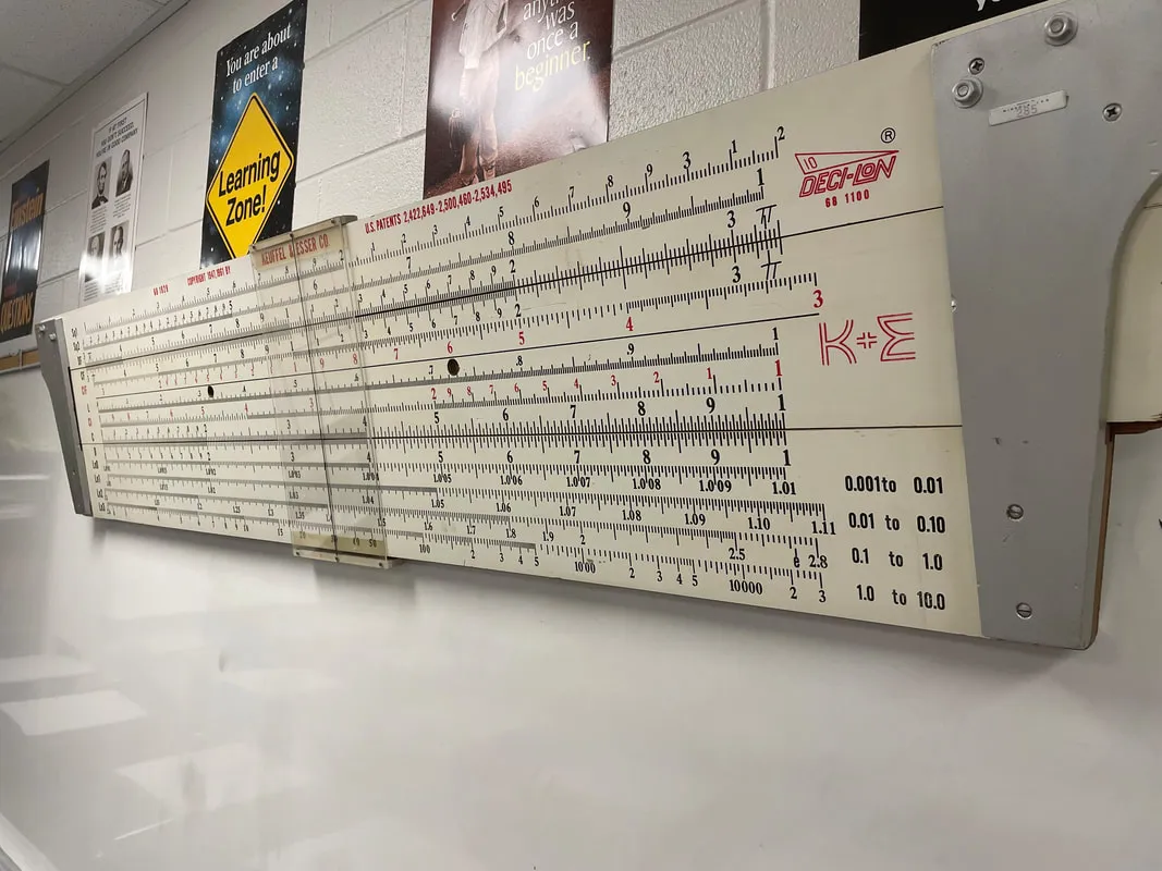 The author's 6.5-foot redwood Deci-Lon 10 demonstrator rule hanging in his classroom, back side