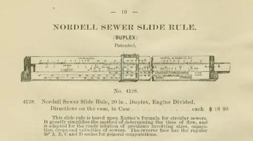 A 1911 K&E catalog page illustrating the Model 4128 Nordell Sewer slide rule