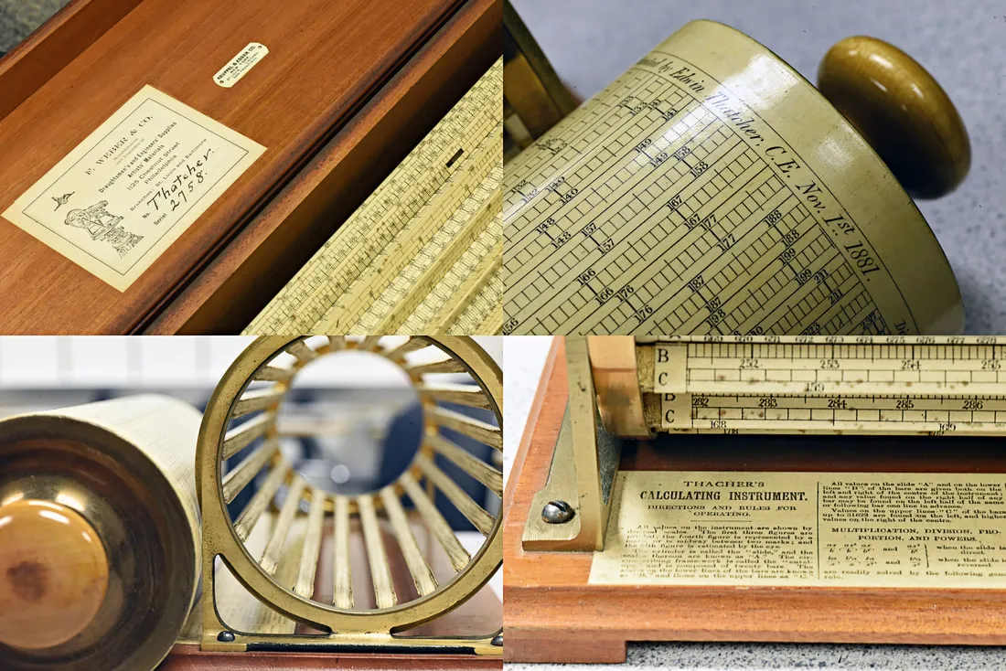 A four-panel mosaic of the author's Model 4012 Thacher Calculator: the F. Weber Co. box label, the drum's engraved patent text, the magnifying glass and cage, and the base with instruction plate