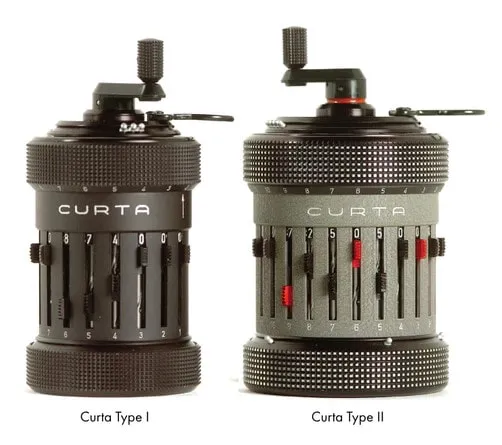 The Curta Type I and Type II mechanical calculators shown side by side for comparison