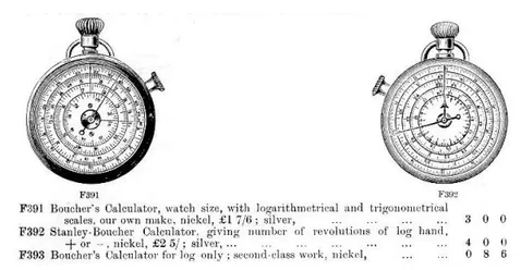A page from a 1902 Stanley Ltd. catalog showing several 'Boucher' calculator offerings, including the F391, F392, and F393 types