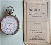 One of the HC Calculigraphe pocket watch rules from Peter Hopp's collection alongside its K&E-branded 'Boucher Calculators (Calculigraphs)' instruction booklet