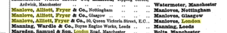An 1886 trade directory listing showing Manlove, Alliott, Fryer & Co. entries for Nottingham, Glasgow, and London