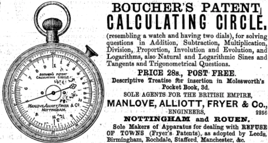 An 1880 advertisement from the periodical 'Engineering' for Boucher's Patent Calculating Circle, sold by Manlove, Alliott, Fryer & Co. as sole agents