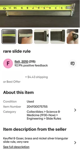 The eBay listing photo for the author's 4th-known-sample Model 4095 Triangular Metal Rule