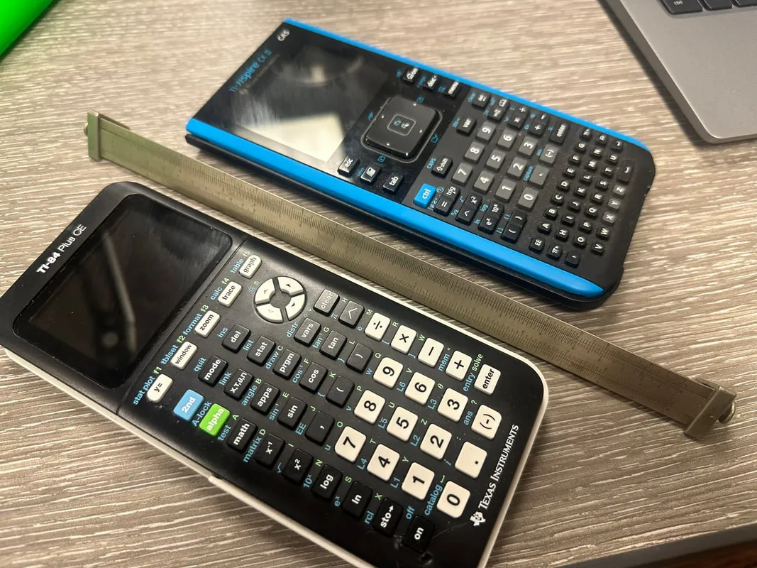 The Model 4095 Triangular Metal Rule shown next to two modern graphing calculators for a sense of scale
