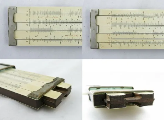 A four-panel mosaic of an eBay-sold Model 4090 Universal Rule, showing front, back, and end views with its dual slides and triple rails