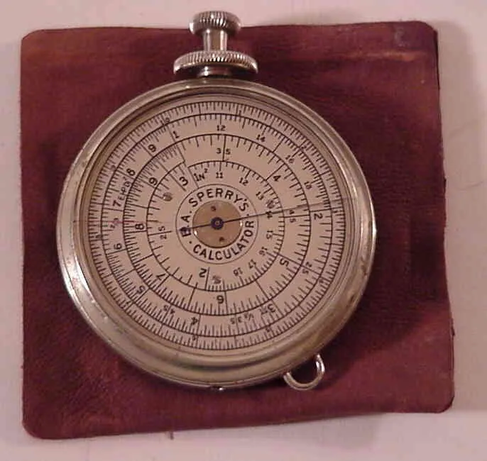 The K&E Sperry Calculator (Model 4017), a pocket-watch style rule with 'B.A. Sperry's Calculator' engraved on its dial