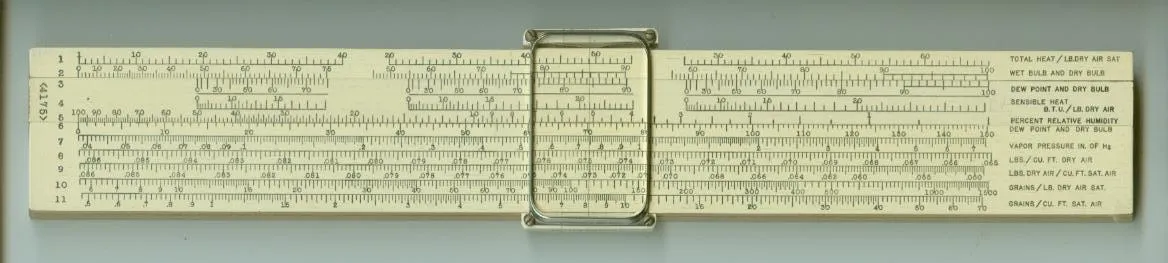 The K&E Model 4175 Kurtz Psychrometric slide rule, showing its eleven labeled scales for air-conditioning calculations