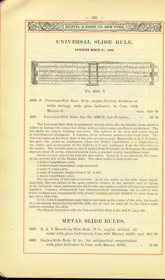 A K&E catalog page listing both the No. 4096 all-metal Mannheim slide rule and the No. 4098 metal duplex slide rule