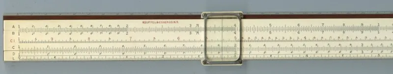 The K&E Model 4104, a 20" Mannheim variant nicknamed the Mystery Slide Rule, showing its A, B, C, L, D scale set