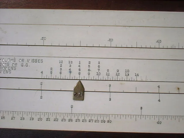 The Reymond Leather Calculator's shoe-size scales, marked Youths or Misses, Boys or G.G., Womens, and Mens