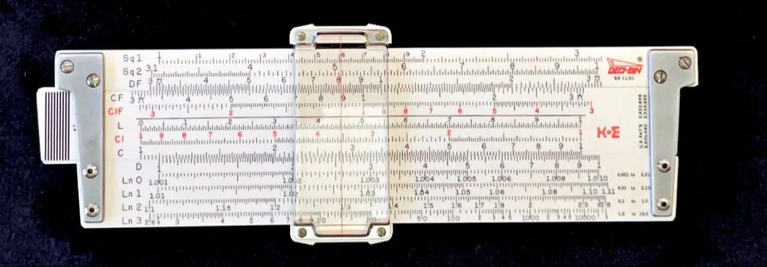 A K&E Deci-Lon 5 pocket slide rule, front side with case