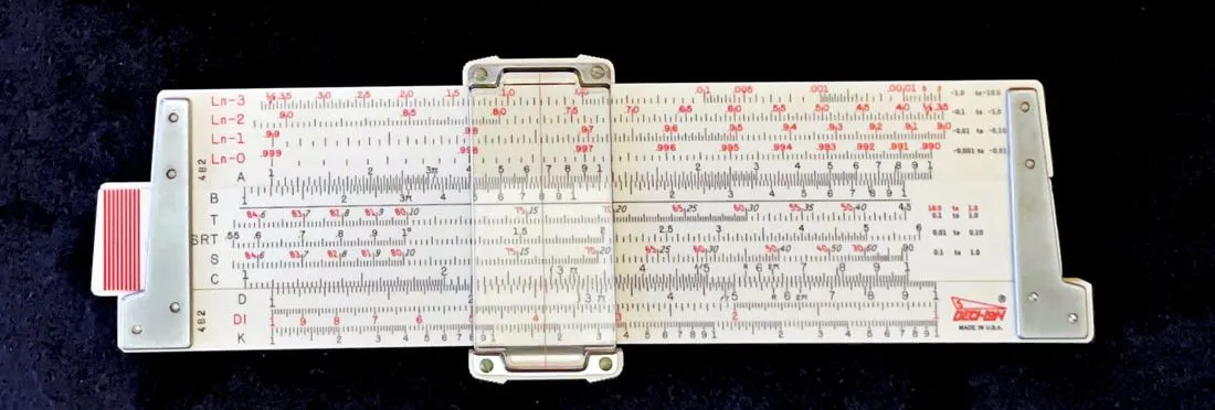 A K&E Deci-Lon 5 pocket slide rule, back side with case