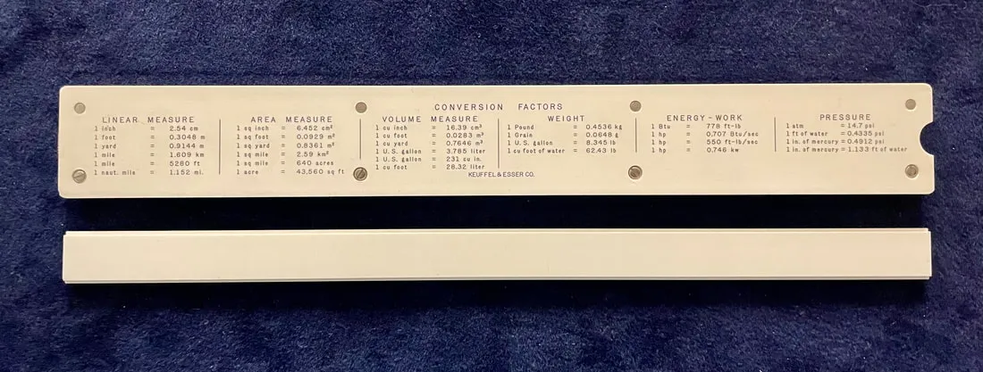The K&E Model 4143 Kissam Stadia slide rule, back side with conversion factors table