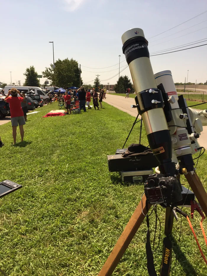 A Coronado Solar Max 90mm double-stacked telescope and Takahashi FSQ-85ED on a Takahashi NJP Temma 2 mount, set up for the 2019 solar eclipse