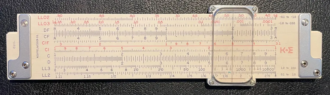 K&E Jet-Log pocket slide rule showing the C and D scales