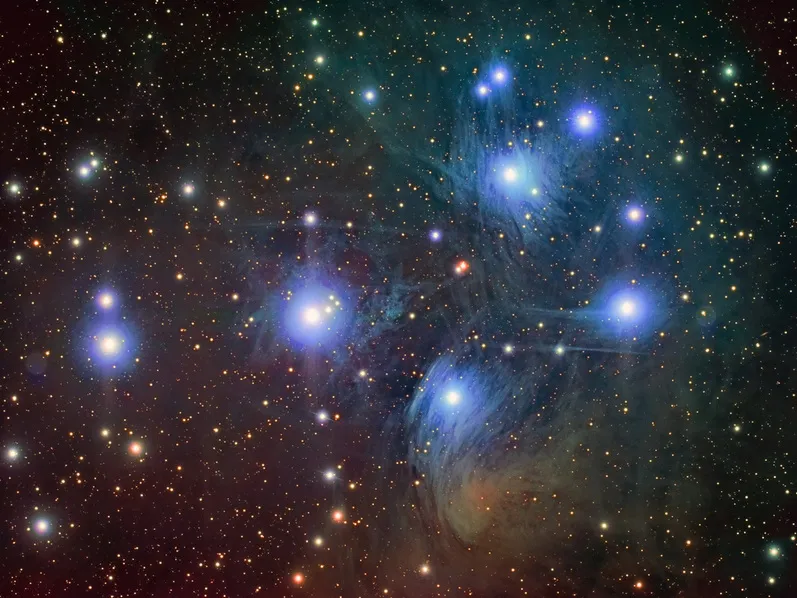 The Pleiades' brightest stars — hover or tap a marker for its name and magnitude
