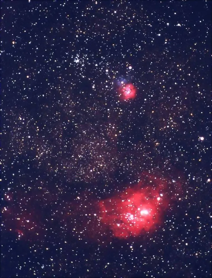 An even earlier film exposure of the Lagoon and Trifid Nebulae, May 2003