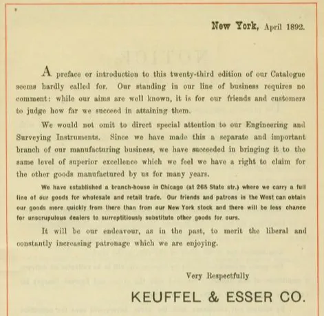 A page from K&amp;E’s 1892 Product Catalog, the first to list a Chicago office