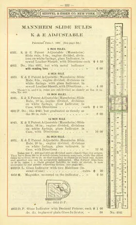 A page from the 1906 K&amp;E product catalog describing their adjustable Mannheim rules