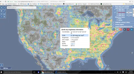 A light pollution map showing CSAC near Crowell, Texas