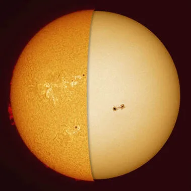 H-alpha chromosphere vs white light comparison, credit Alan Friedman