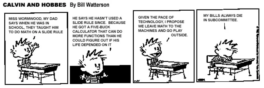 A Calvin and Hobbes comic strip about a father who was taught math on a slide rule