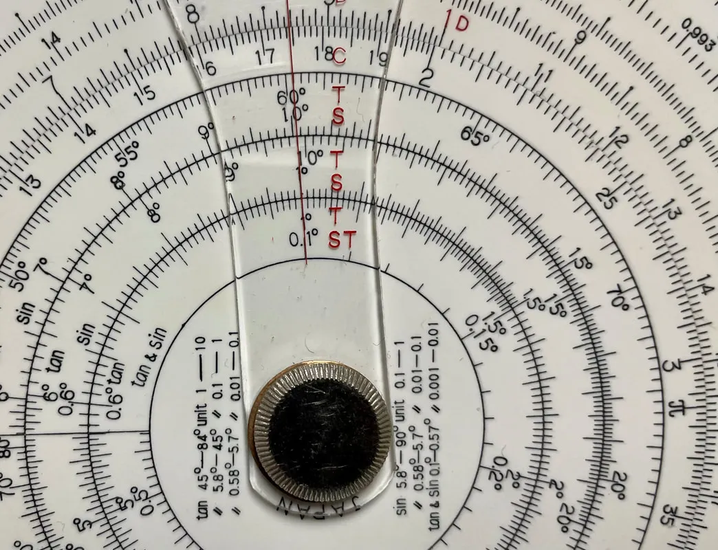 A circular slide rule set to compute sin(1 degree)