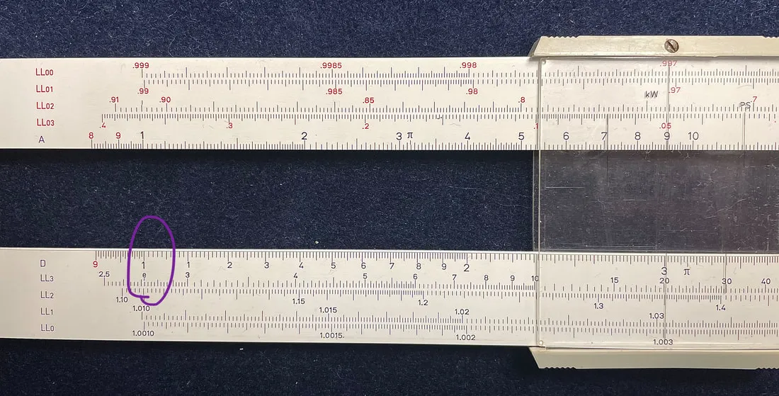 The Aristo StudioLog 0969 with the slide removed, showing e on the LL3 scale