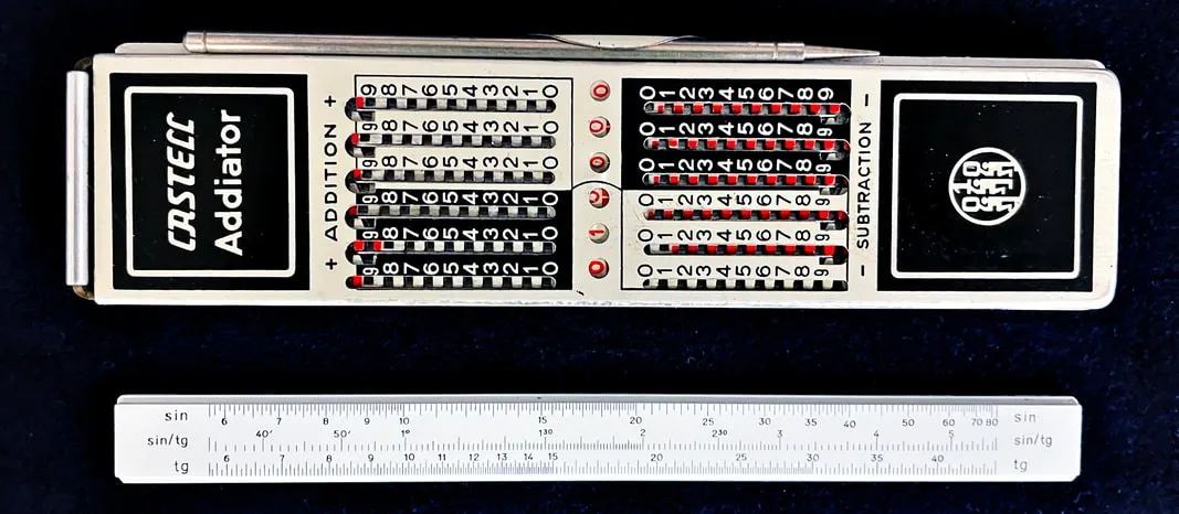 A Faber-Castell 67/87 R, back face, showing its Castell Addiator