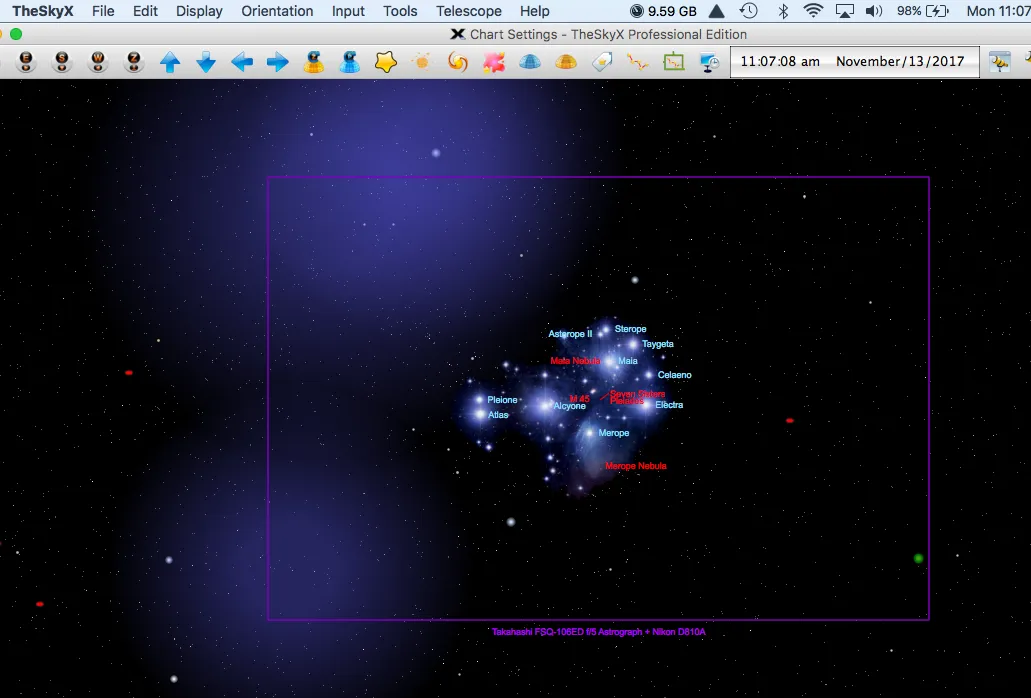 A typical FOV indicator in TheSkyX Professional, framing M45