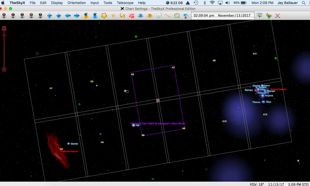 The Mosaic Grid tool in TheSkyX, laying out an M45-to-California mosaic