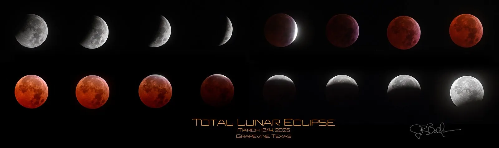 A second composite of the March 2025 total lunar eclipse, sixteen frames arranged in two rows spanning the full progression