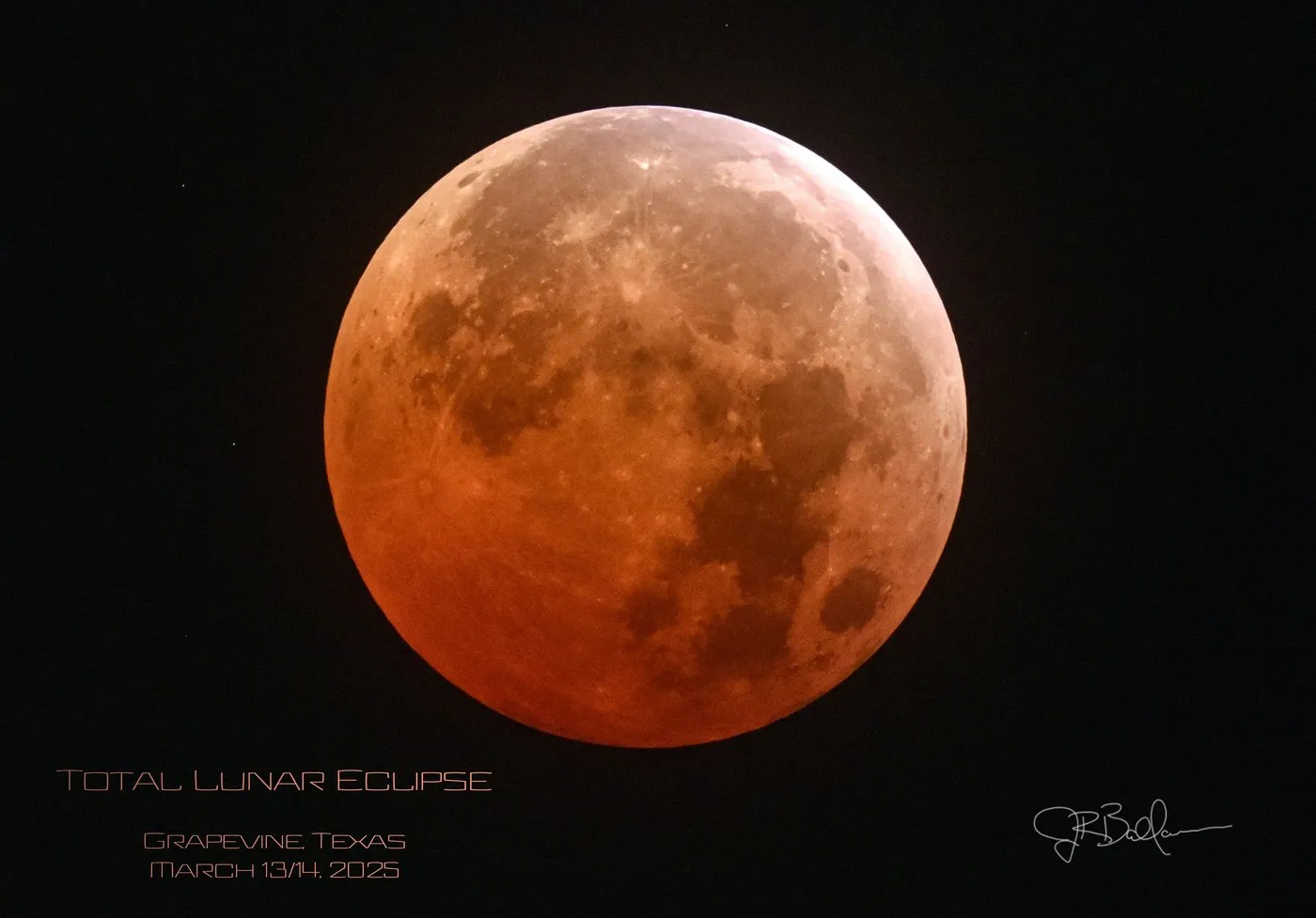 Totality during the March 2025 lunar eclipse, the full lunar disk lit only by refracted, reddened sunlight
